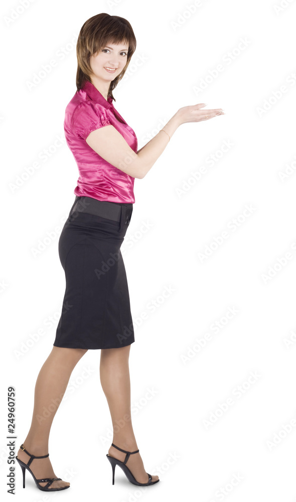 Happy woman showing something on the palm of his hands Happy woman showing something on the palm of his hands