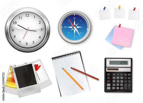 A clock, calculator and some office supplies. Vector.