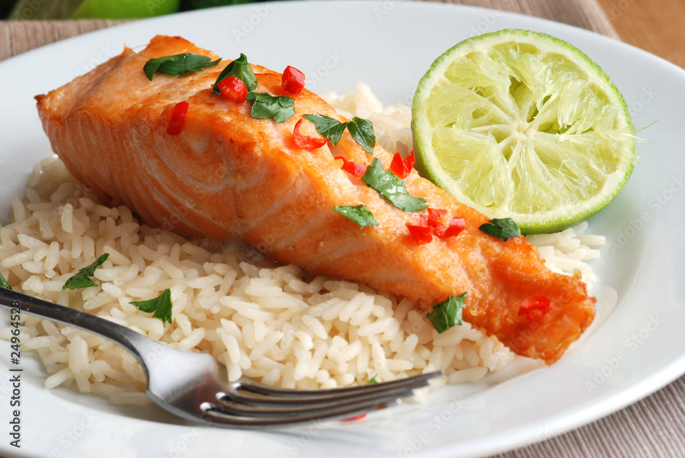 Grilled chilli and coriander salmon with rice Grilled chilli and coriander salmon with rice