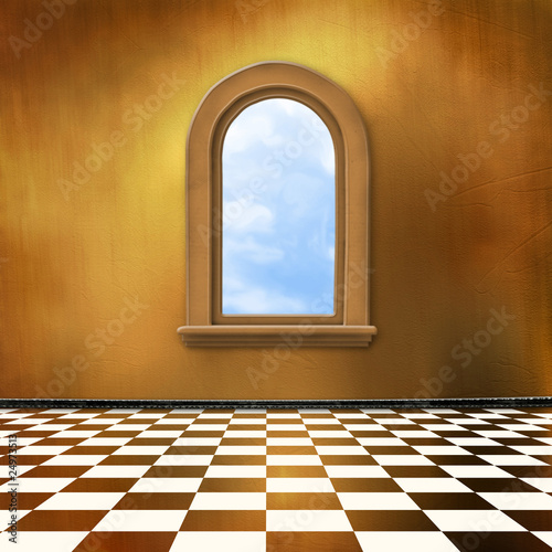 Old room, grunge interior with windows in style baroque