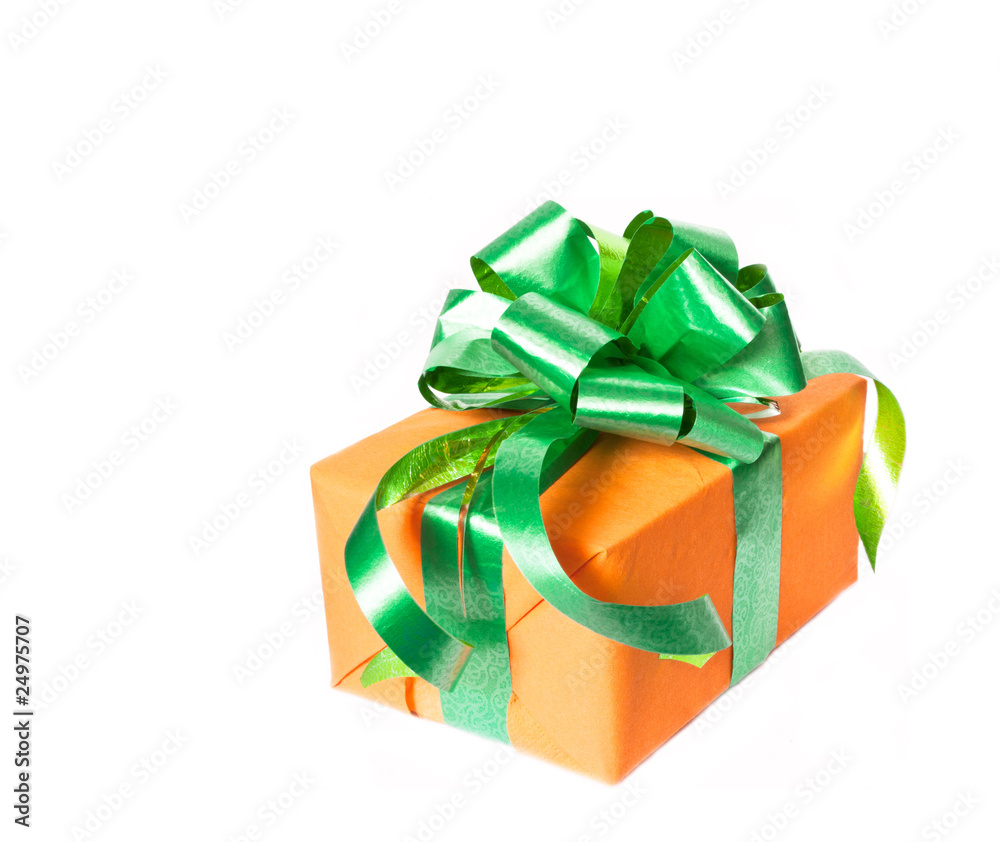 Gift box with green ribbon and a rose isolated on a white backgr Gift box with green ribbon and a rose isolated on a white backgr