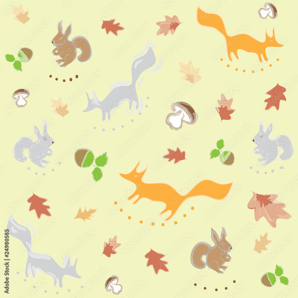 Fototapeta premium Seamless pattern with fox,squirrel,leafs,nuts and mushrooms