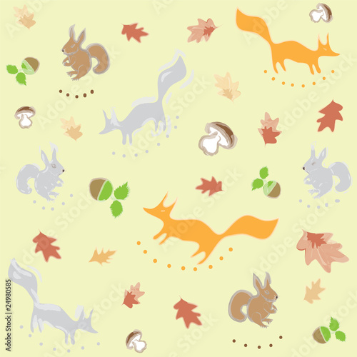 Seamless pattern with fox squirrel leafs nuts and mushrooms