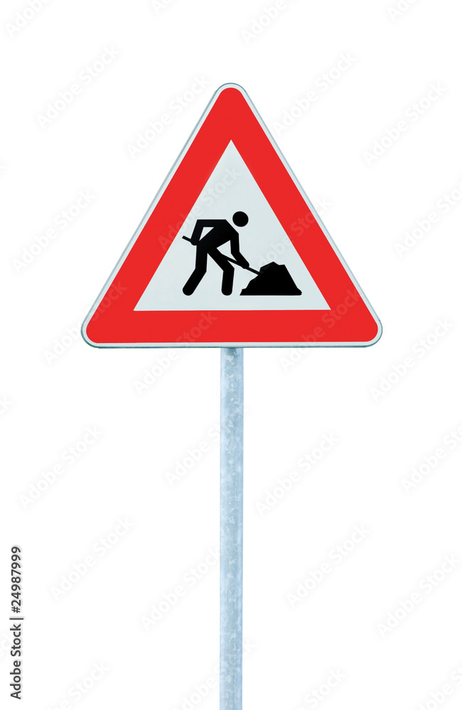 Road Works Ahead Warning Road Sign, Grey Pole Post Vertical Isolated Macro Closeup, Under Construction Concept Road Works Ahead Warning Road Sign, Grey Pole Post Vertical Isolated Macro Closeup, Under Construction Concept