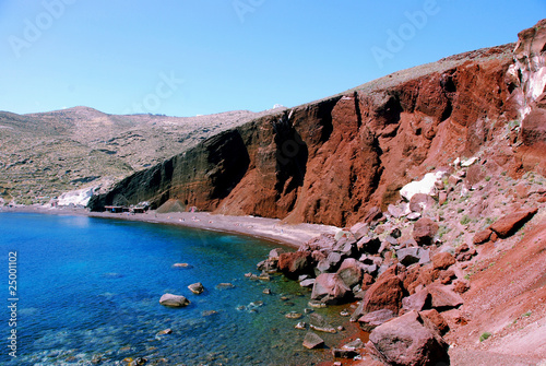 Red rocks, beach, Santorini Island, Greece