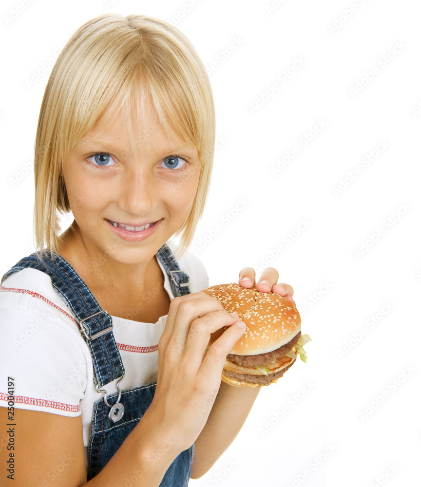 Happy Little Girl Eating Hamburger