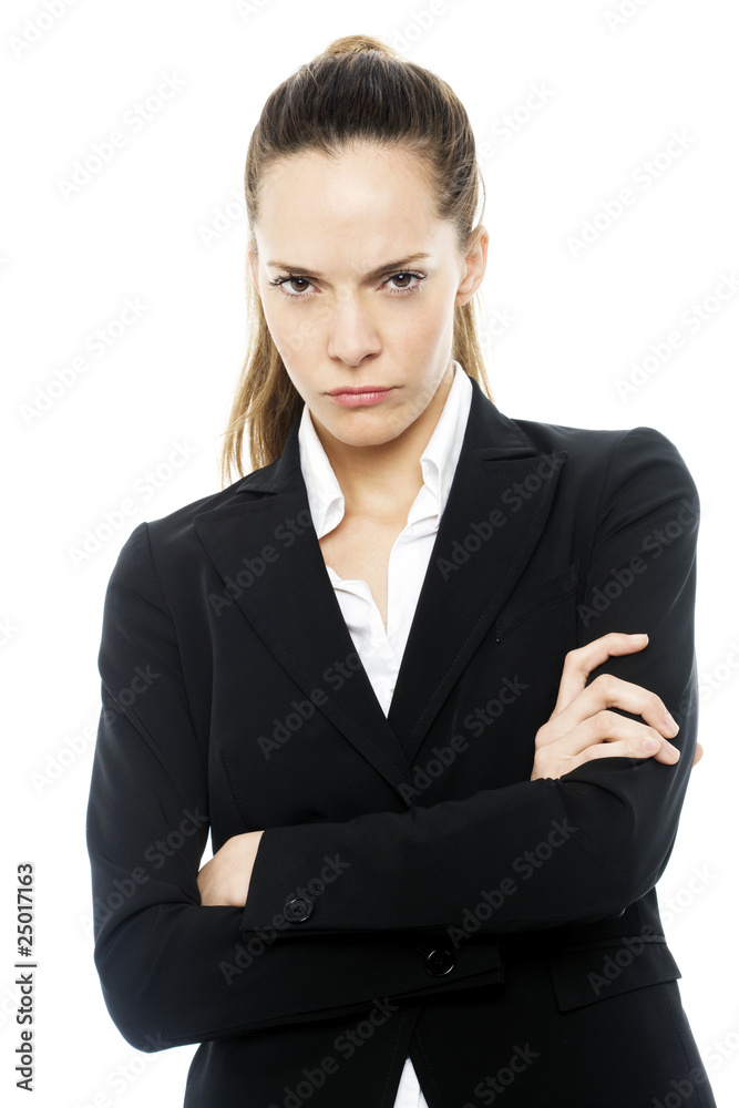 Severe businesswoman with arms crossed on white background Severe businesswoman with arms crossed on white background