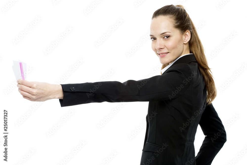 businesswoman holding sheets of paper on white background businesswoman holding sheets of paper on white background