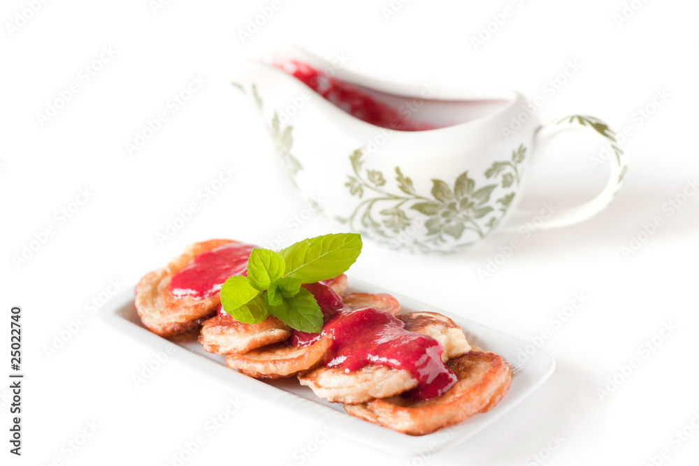 Pancake stack with fresh raspbery sauce Pancake stack with fresh raspbery sauce