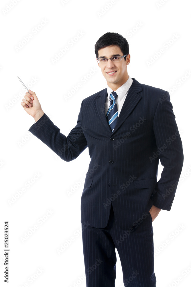 Happy businessman showing, isolated on white