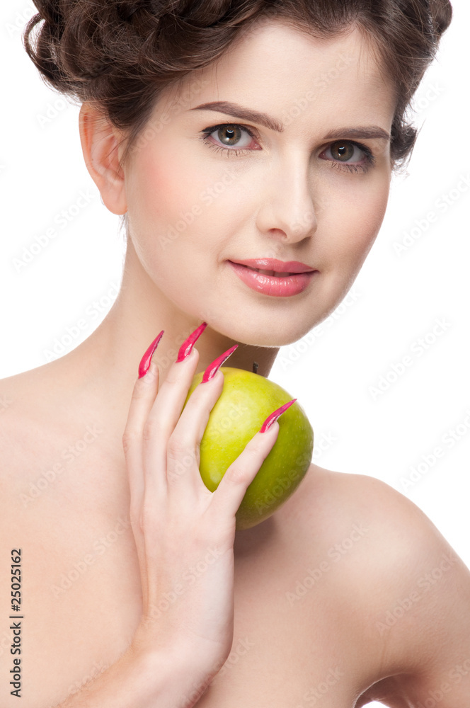 Close up portrait of beauty woman with green apple. Close up portrait of beauty woman with green apple.