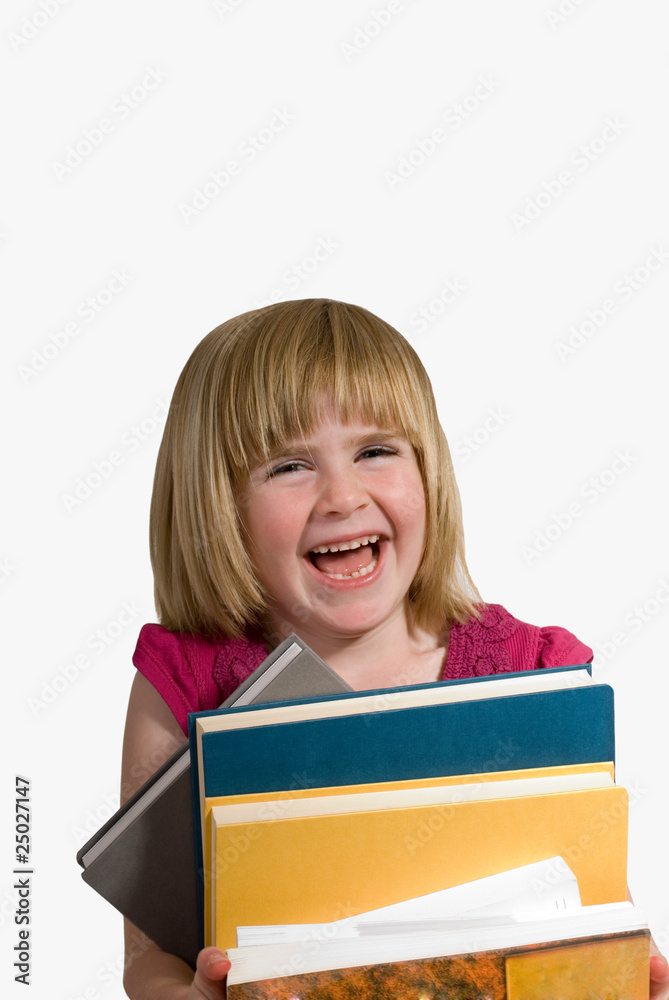 child laughing with books child laughing with books