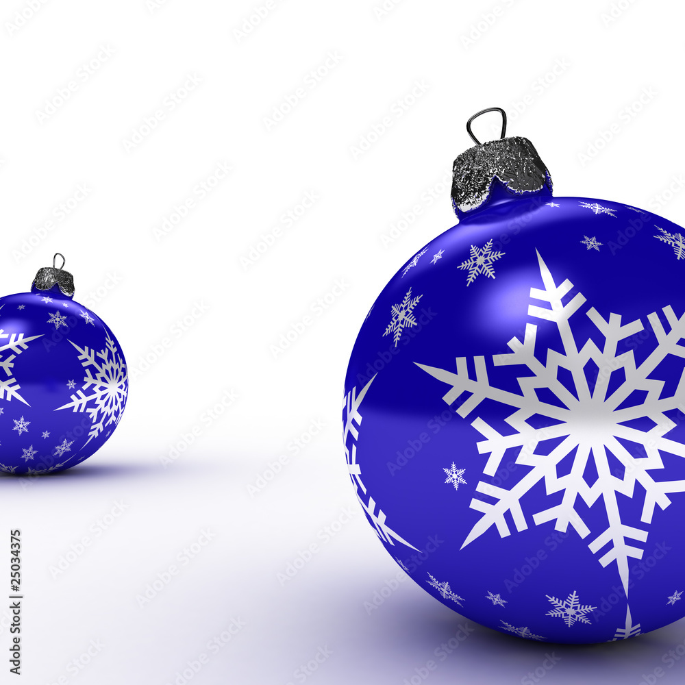 Two blue Christmas ornaments over white Two blue Christmas ornaments over white