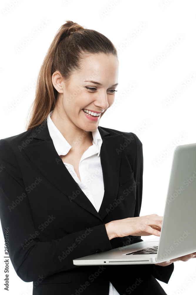 young businesswoman with laptop on white background studio young businesswoman with laptop on white background studio