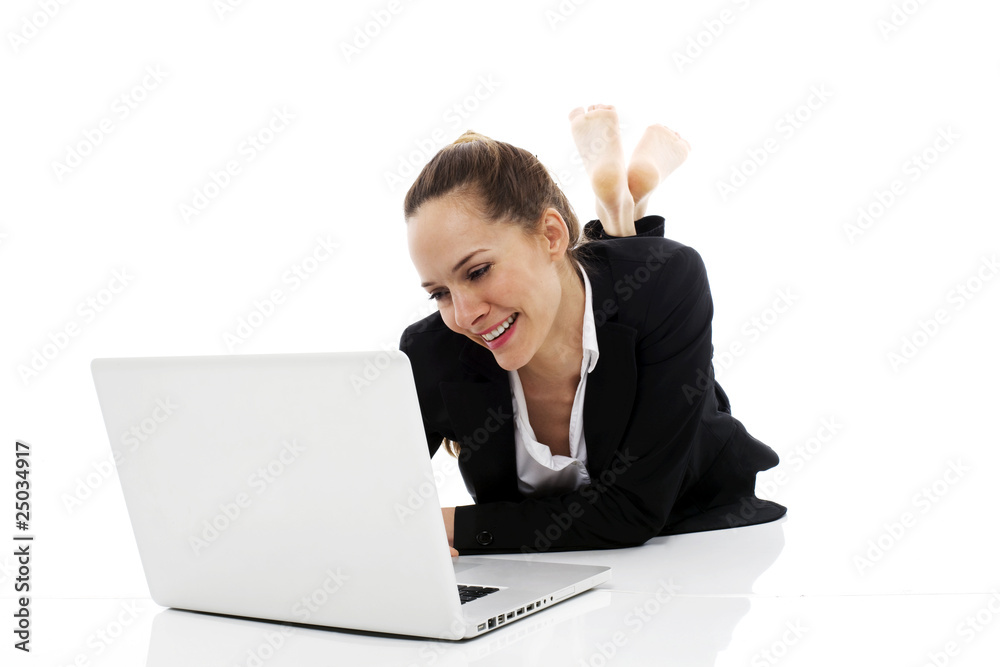 young businesswoman with laptop on the floor young businesswoman with laptop on the floor