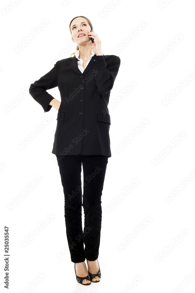 young businesswoman with mobile on white background studio young businesswoman with mobile on white background studio