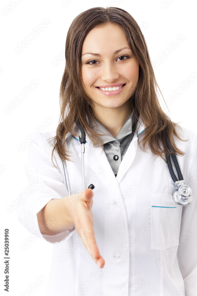 Female doctor giving hand for handshaking, isolated on white Female doctor giving hand for handshaking, isolated on white