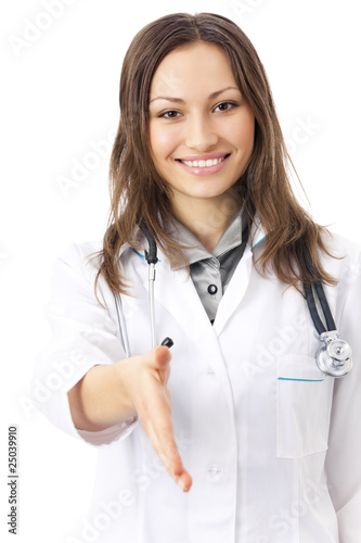 Female doctor giving hand for handshaking  isolated on white