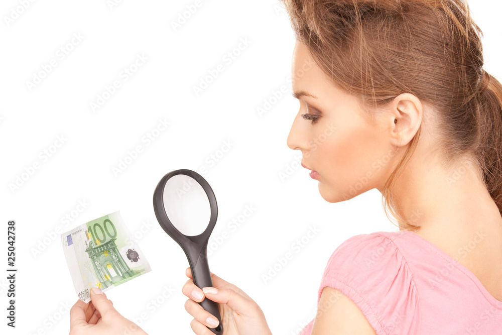 woman with magnifying glass and money woman with magnifying glass and money