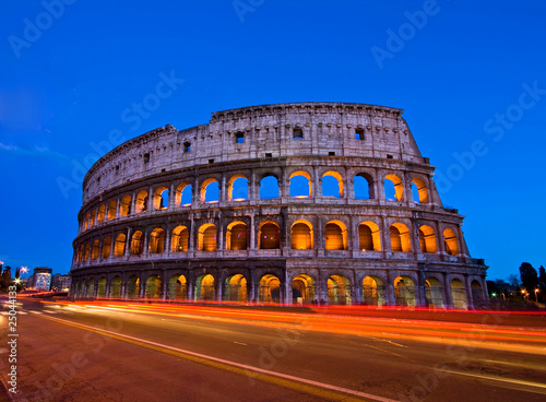 Colosseum at dusk from in front of Metro, Rome Italy.