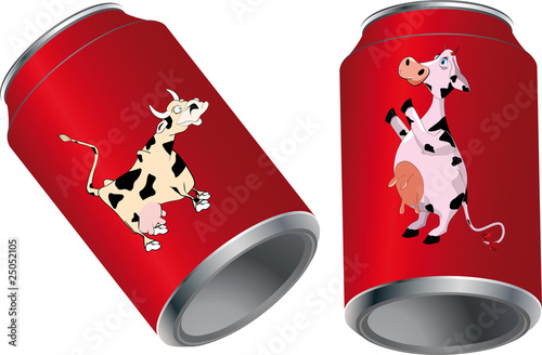 Metal tins for drinks with a cow