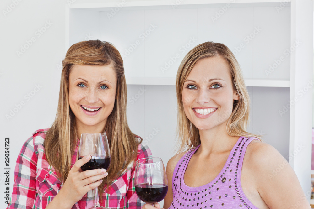 Bright female friends standing in the kitchen Bright female friends standing in the kitchen