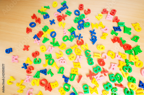 Children letters and digits on the table