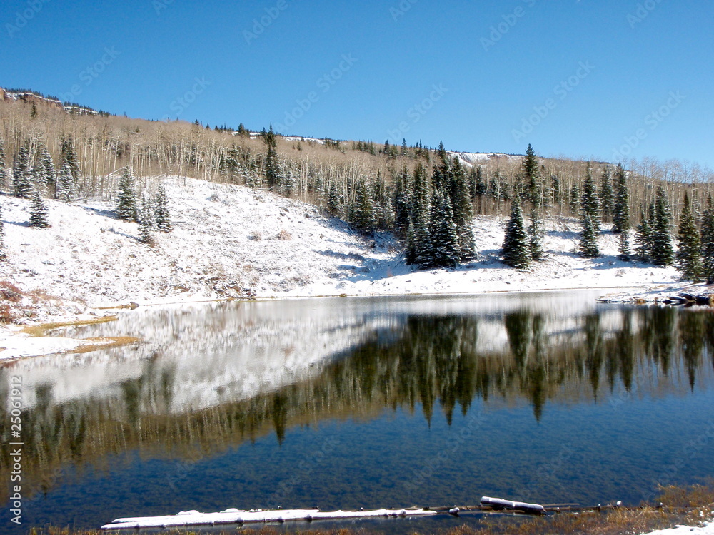 Mountain lake after early snowfall Mountain lake after early snowfall