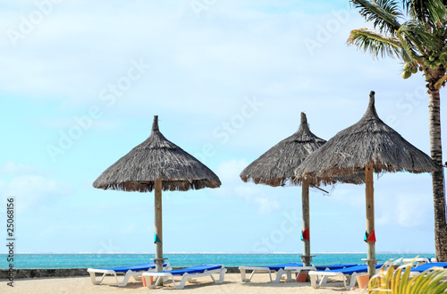 parasols de paille et chaises longues sur plage  Maurice