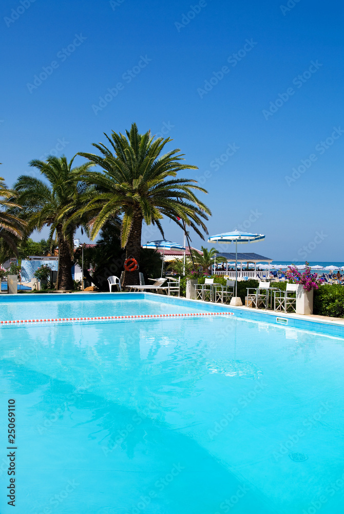 Swimming pool with palms near the sea