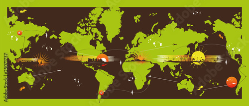 Illustration panorama voyage international fond vert marron
