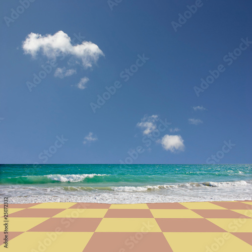 A Strange and Surreal Checkered Beach with Blue Sky