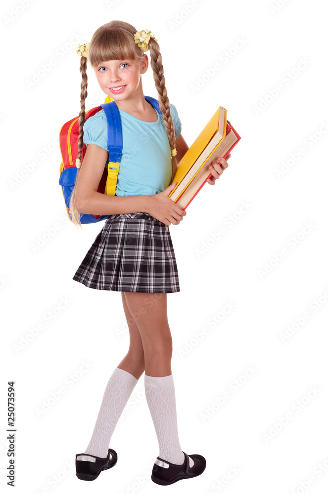 Schoolgirl with backpack holding books. Schoolgirl with backpack holding books.