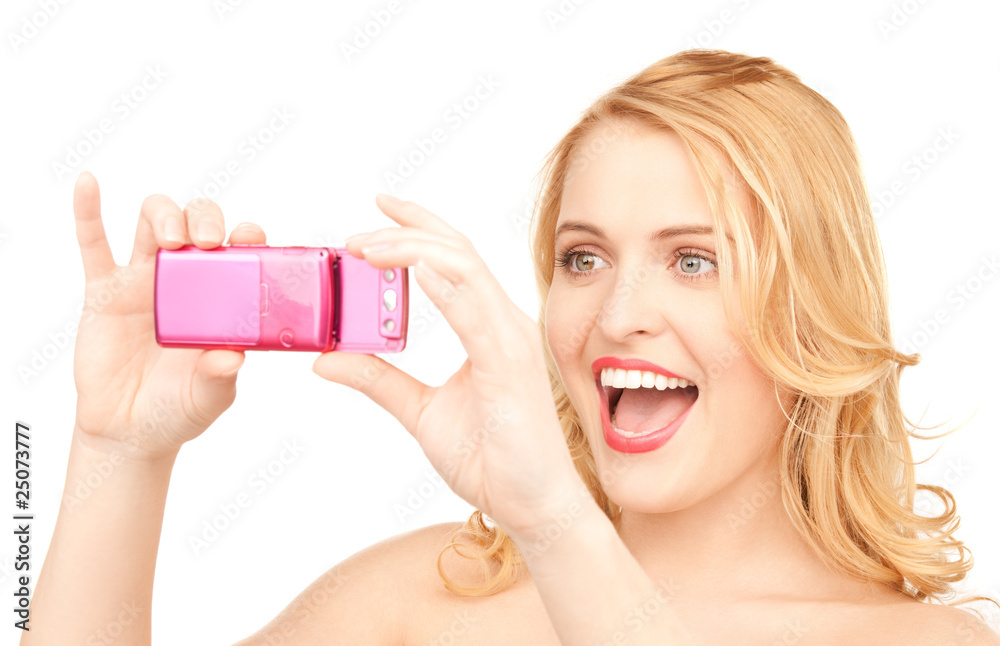 happy woman using phone camera happy woman using phone camera