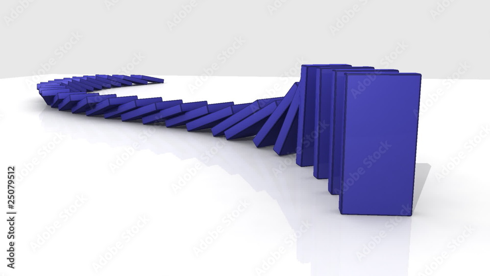 3D blue dominos falling against a white background