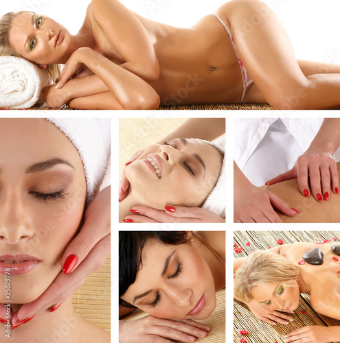A collage of images with women in a spa treatment procedure