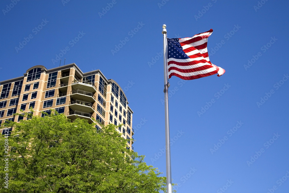 US flag by a building.