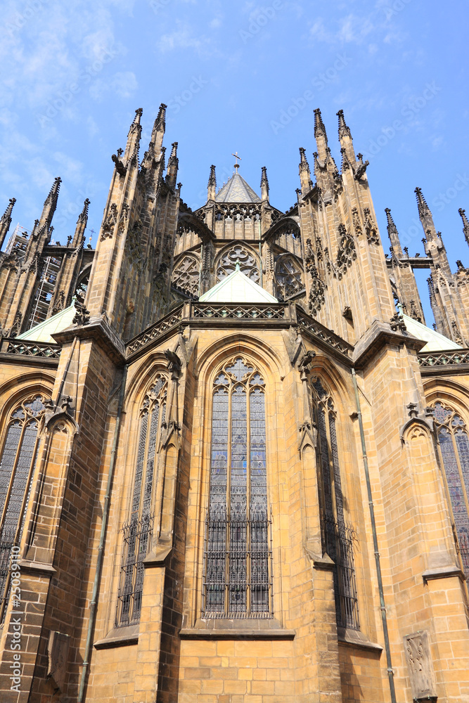 gothic St. Vitus' Cathedral on Prague Castle with blue Sky