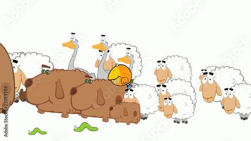 flock of cartoon animals & bird & cute worms go forward