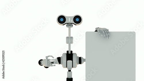 White modern robotic helper makes business presentation
