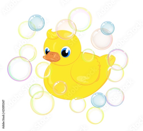 A yellow toy duck in soap bubbles