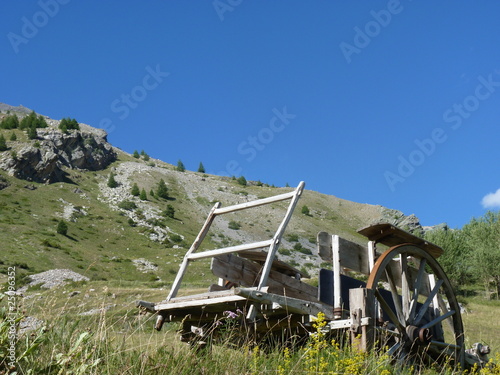 charette ancienne sur fond de montagne photo