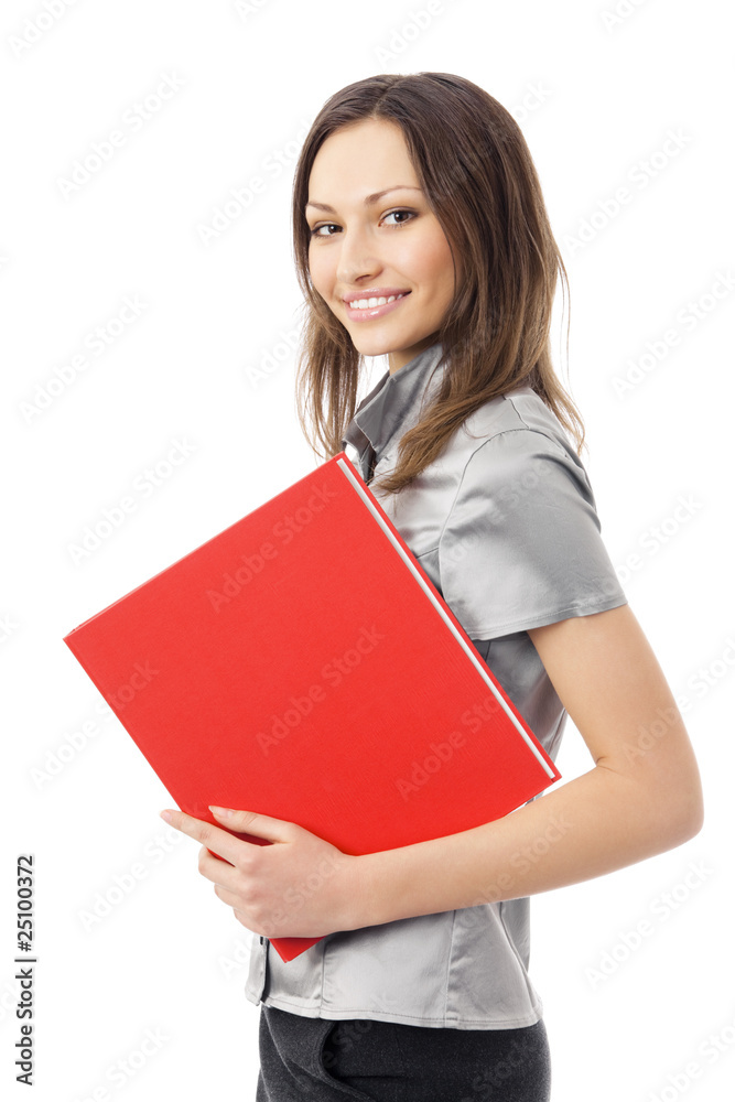 Happy businesswoman with red folder, isolated on white Happy businesswoman with red folder, isolated on white