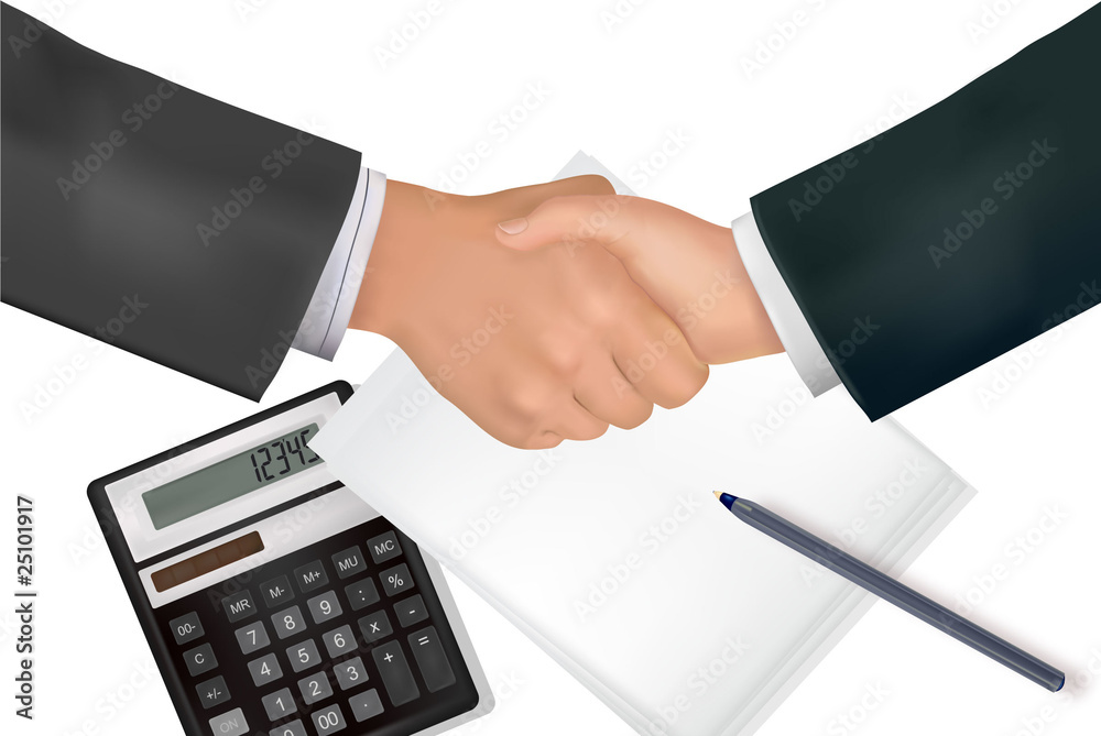 Handshake over paper with pen and calculator. Vector. Stock Vector | Adobe  Stock