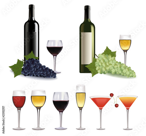 Set of different drinks and cocktails. Vector illustration.