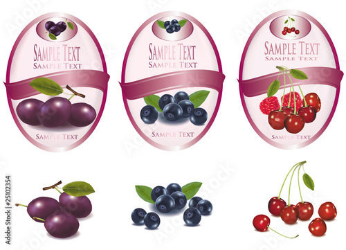 Three pink labels with different sorts of fruit. Vector.