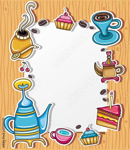 Cute grunge frame with coffee, tea, cake, yerba mate symbols