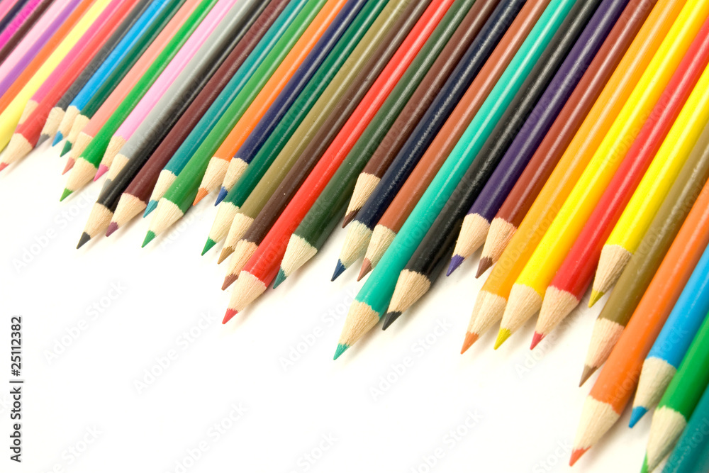 set of multicolored pencils on white background