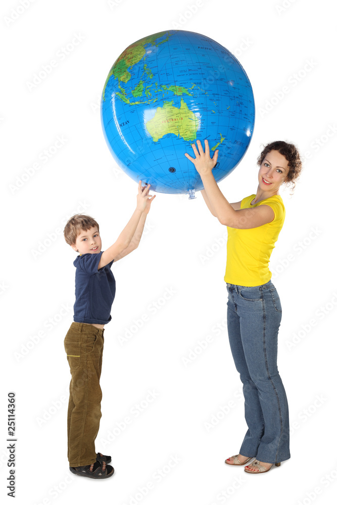 mother and son holding big inflatable globe and looking mother and son holding big inflatable globe and looking