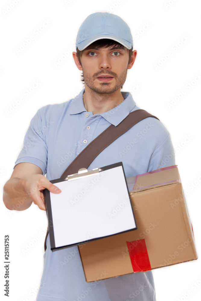 delivery man with package and clipboard delivery man with package and clipboard